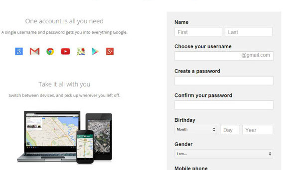 create Google account form