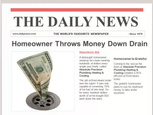 Wakefield, MA homeowner throws money down drain. Old oil burner is inefficient. Installed new high efficiency model to save money.