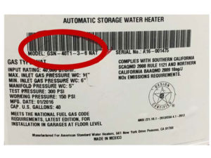 water heater label--model number