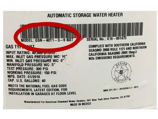 water heater label--model number