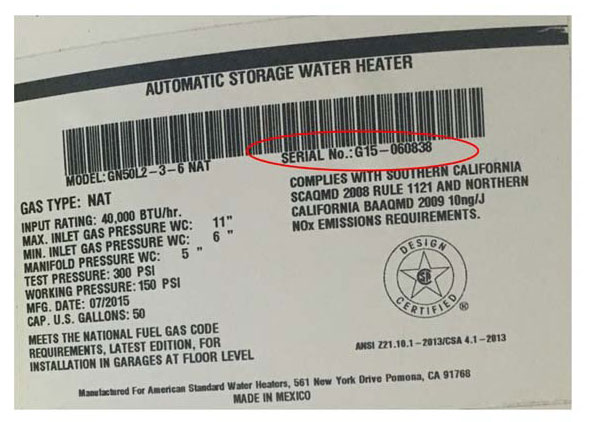 water heater label serial number