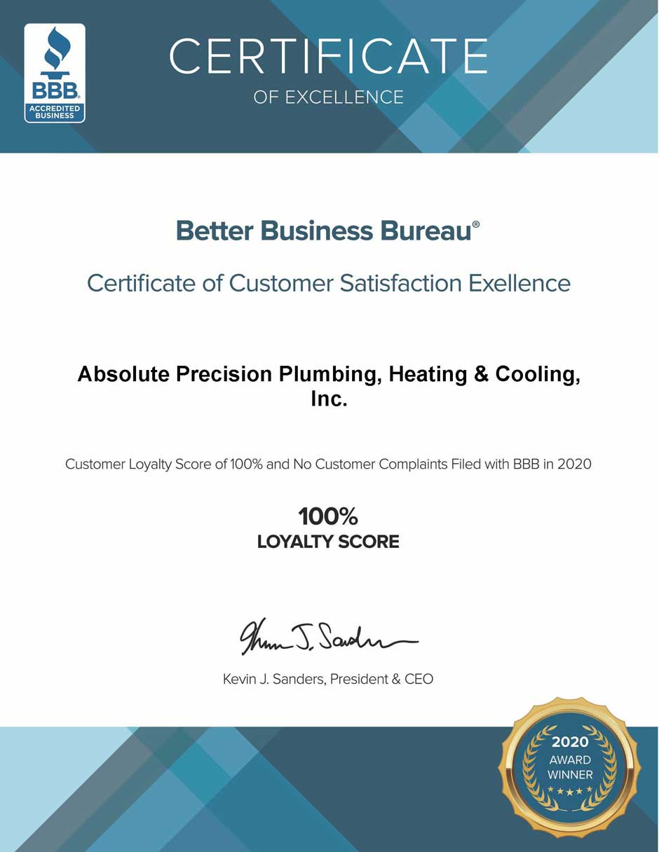 Better Business Bureau Certificate of Customer Satisfaction Excellence for 2020 awarded to Absolute Precision Plumbing Heating & Cooling